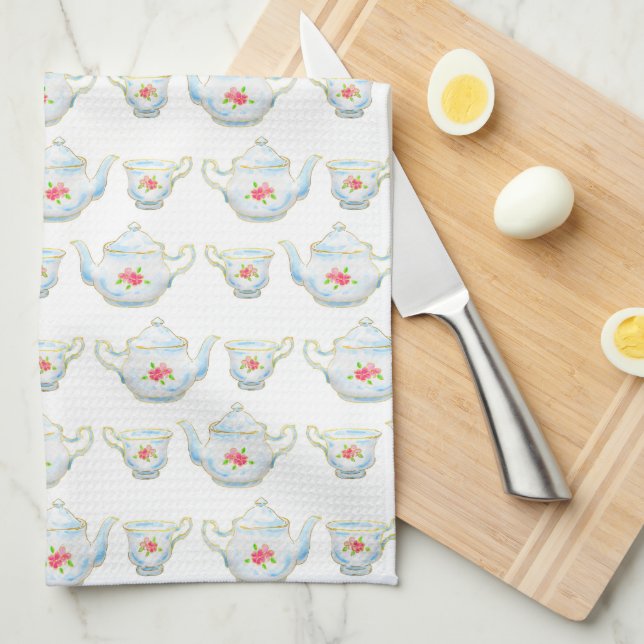 Vintage Kitsch Tekanna och Tekopp Mönster Kökshandduk (Vikt i Fjärdedel)