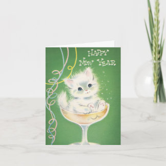Vintage Kitten Cat New Years Card Cheers Helgkort