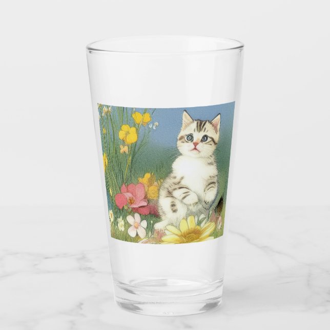 Vintage Kitten Illustration med Gula blommor Glaskopp (Framsida)