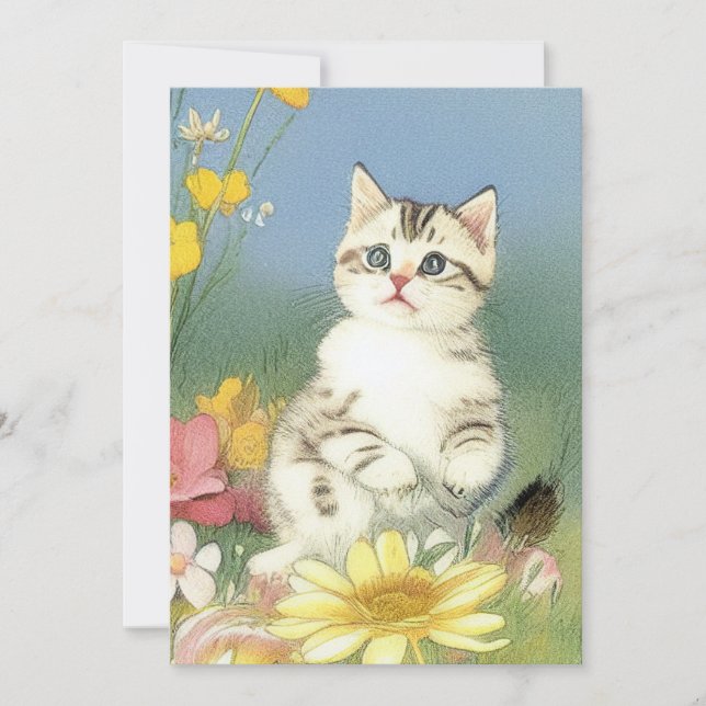 Vintage Kitten Illustration med Gula blommor Inbjudningar (Framsida)
