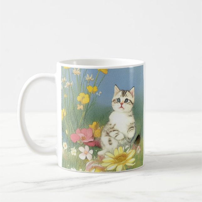 Vintage Kitten Illustration med Gula blommor Kaffemugg (Vänster)
