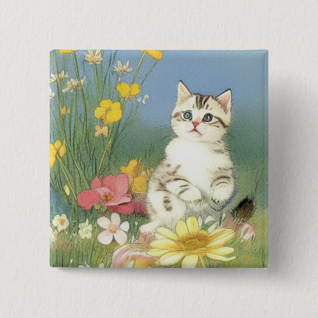 Vintage Kitten Illustration med Gula blommor Knapp (Framsida)