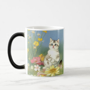 Vintage Kitten Illustration med Gula blommor Magisk Mugg