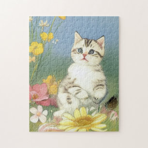 Vintage Kitten Illustration med Gula blommor Pussel