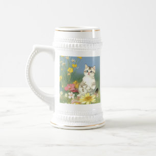 Vintage Kitten Illustration med Gula blommor Sejdel