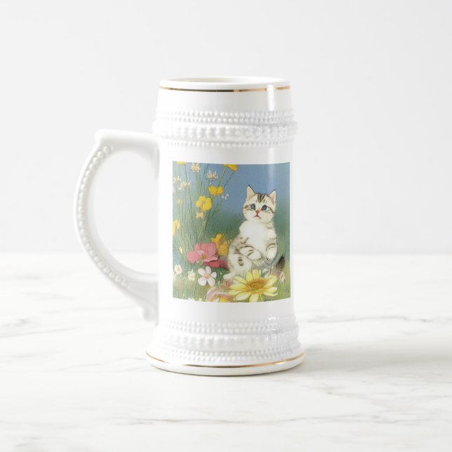 Vintage Kitten Illustration med Gula blommor Sejdel (Vänster)