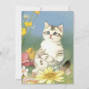 Vintage Kitten Illustration med Gula blommor Spara Datumet