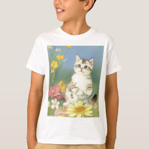 Vintage Kitten Illustration med Gula blommor T Shirt