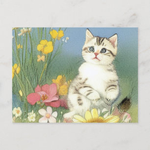 Vintage Kitten Illustration med Gula blommor Vykort