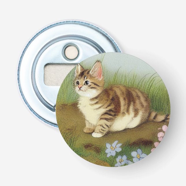 Vintage Kitten Illustration with Flowers Flasköppnare (Framsidan)