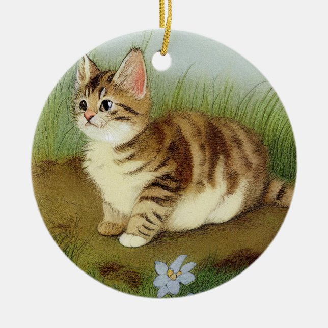 Vintage Kitten Illustration with Flowers Julgransprydnad Keramik (Framsidan)