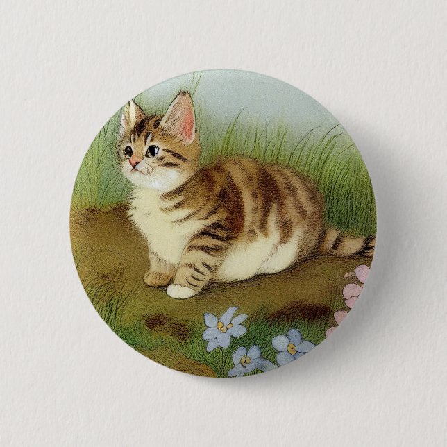 Vintage Kitten Illustration with Flowers Knapp (Framsida)