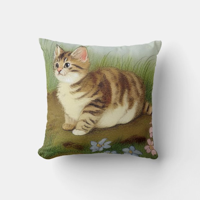 Vintage Kitten Illustration with Flowers Kudde (Framsida)