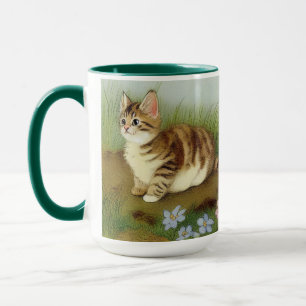 Vintage Kitten Illustration with Flowers Mugg