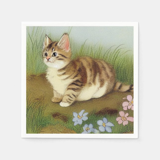 Vintage Kitten Illustration with Flowers Pappersservett (Framsidan)