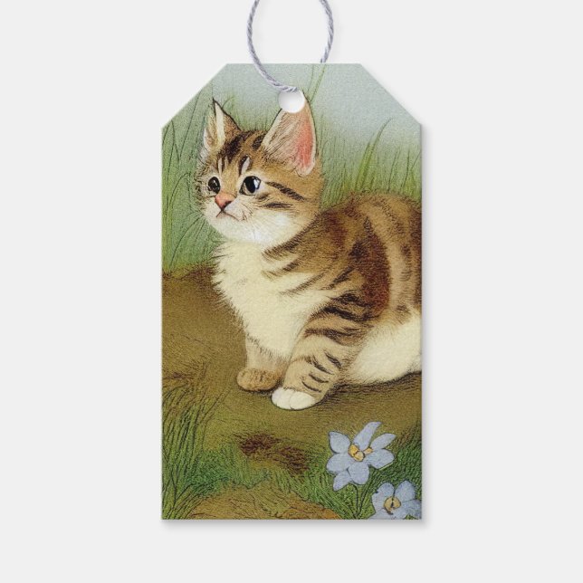 Vintage Kitten Illustration with Flowers Presentetikett (Framsidan)