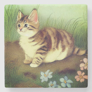 Vintage Kitten Illustration with Flowers Stenunderlägg