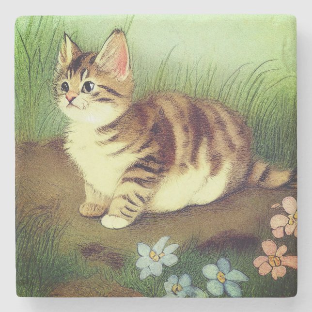 Vintage Kitten Illustration with Flowers Stenunderlägg (Framsidan)