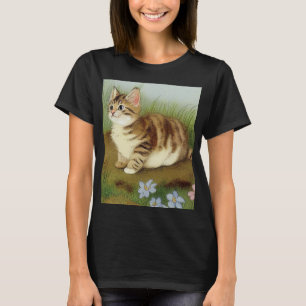 Vintage Kitten Illustration with Flowers T Shirt