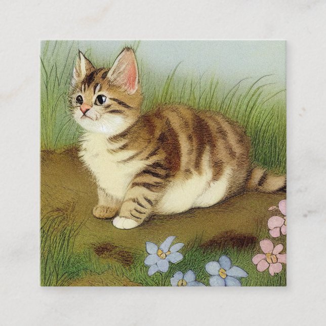 Vintage Kitten Illustration with Flowers Tilläggskort (Framsida)