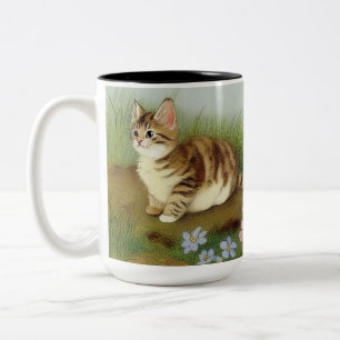 Vintage Kitten Illustration with Flowers Två-Tonad Mugg