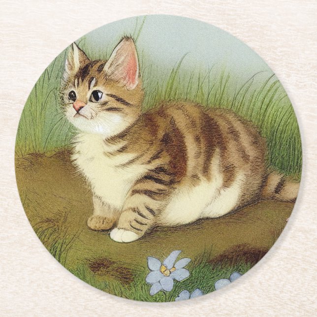 Vintage Kitten Illustration with Flowers Underlägg Papper Rund (Framsidan)