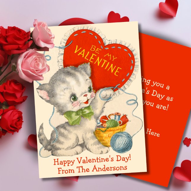 Vintage Kitten med Anpassningsbar Retro-Valentines Julkort (Vintage Kitten With Yarn Custom Retro Valentines Holiday Card. Add your name & a special message!)