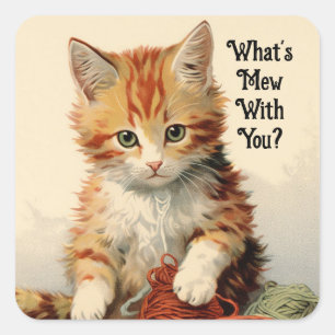 Vintage Kitten med garnstav Fyrkantigt Klistermärke