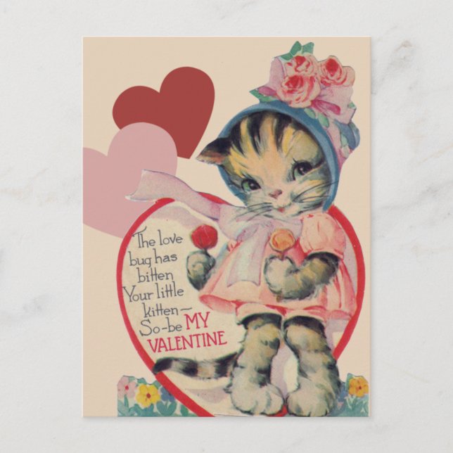Vintage Kitten Valentine Helg Vykort (Framsida)