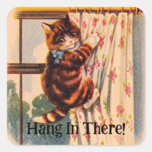 Vintage Kitten vid gardinstomme Fyrkantigt Klistermärke