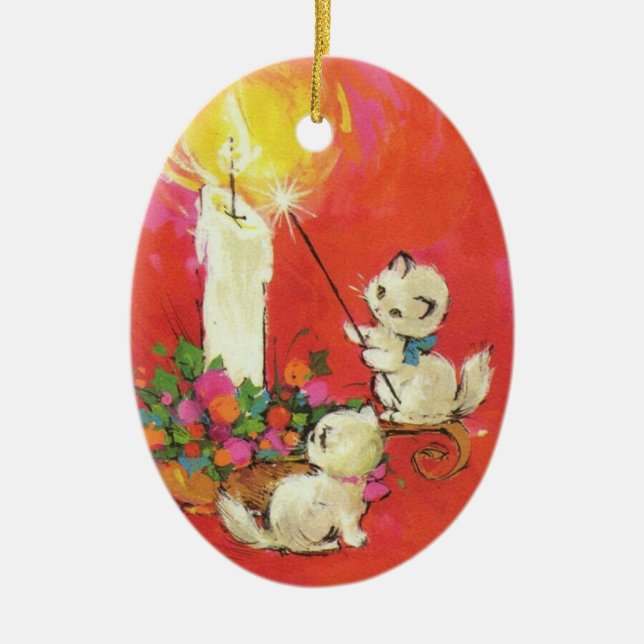 Vintage Kittens Lighting a ljus Julgransprydnad Keramik (Framsidan)