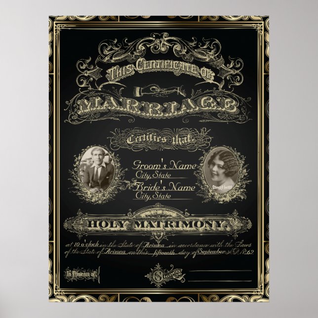 Vintage Klassisk Gatsby Stil Äktenskapsbevis Poster (Framsidan)