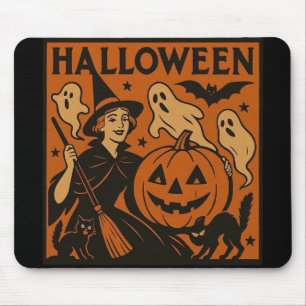 Vintage, klassisk Halloween-häxa, spöke och pumpor Musmatta