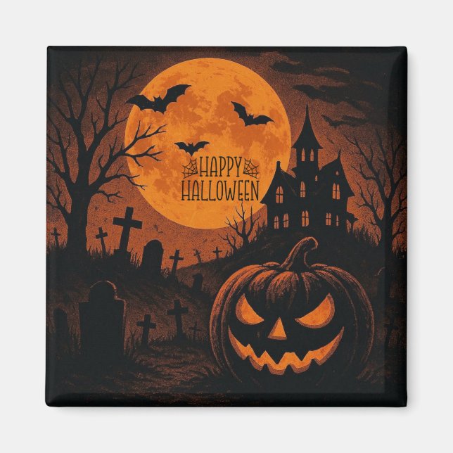 Vintage, klassisk Happy halloween-pumpa Magnet (Framsidan)