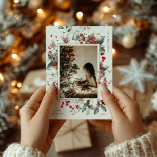 Vintage Klassisk Helgdag Blommigt ett fotokort Julkort