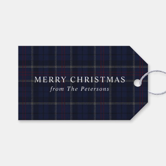 Vintage Klassisk Marinblå Rutig Jul Presentetikett (Framsidan (Horisontell))