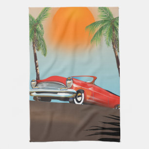 Vintage Klassisk rödbil i Paradise Kökshandduk