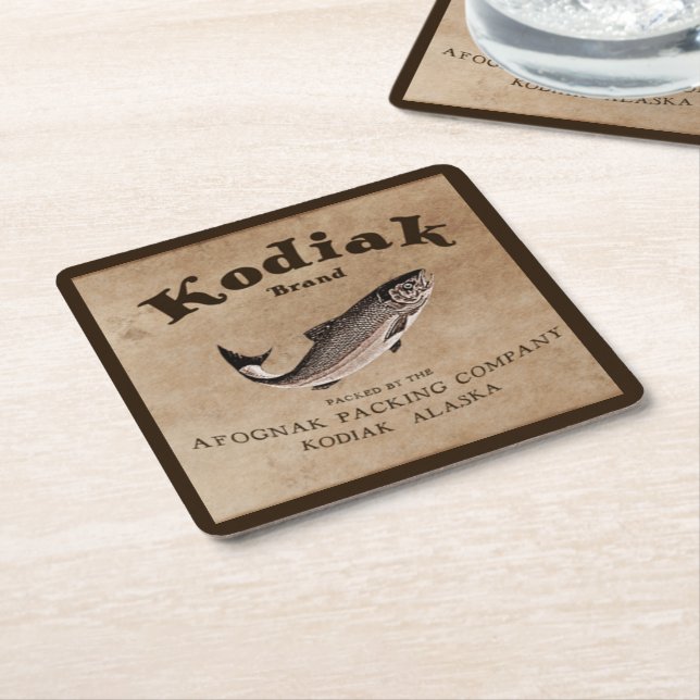 Vintage Kodiak Salmon Label Underlägg Papper Kvadrat (Vinklad)