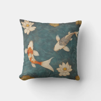 Vintage Koi Pond Dekorativ kudde med Lotus Flowers