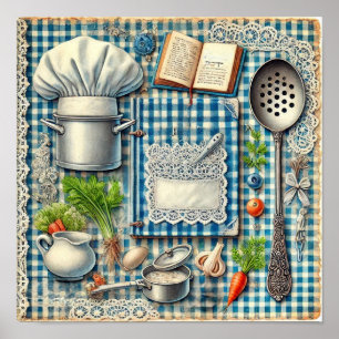 Vintage Köksartiklar på Blue Tablecloth Poster