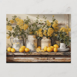 Vintage kökshyllor citroner burkar blommor vykort