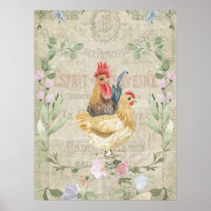 Vintage kollage - tuppar och blommor poster