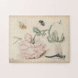 Vintage konst med bleken rosa ros och insektra pussel