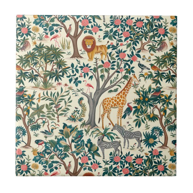 Vintage konst, zebror giraffes, flamingo, fåglar,  kakelplatta (Framsidan)