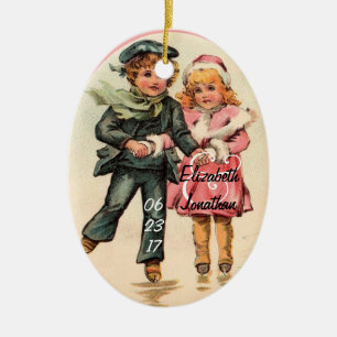 Vintage kopplar ihop skridskoåkning- & julgransprydnad keramik