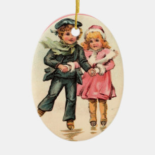 Vintage kopplar ihop skridskoåkning- & julgransprydnad keramik