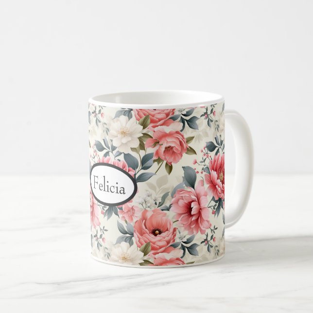 Vintage korallrosa blommor kaffemugg (Framsida höger)