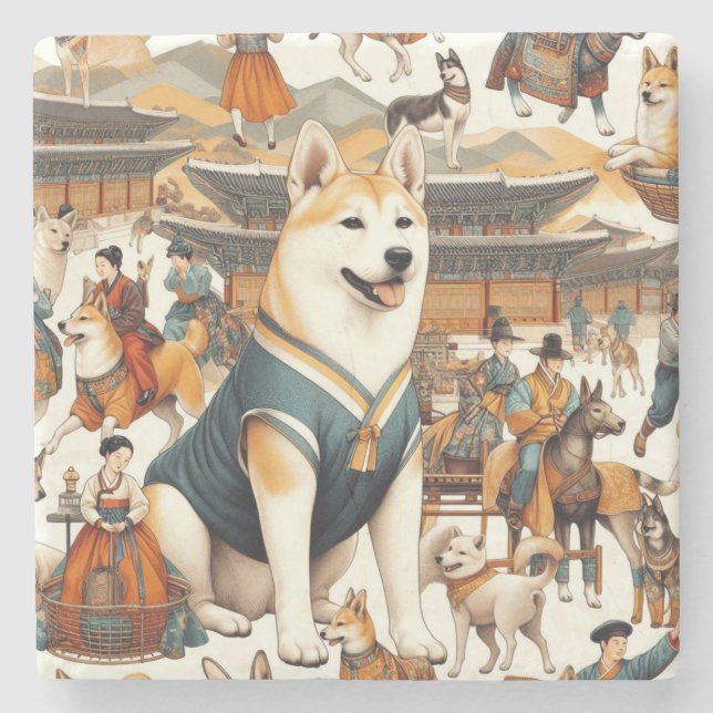 Vintage koreansk Jindo-Hund Sömlös illustration Stenunderlägg (Framsidan)