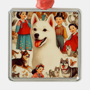 Vintage koreansk Jindo Illustration Julgransprydnad Metall