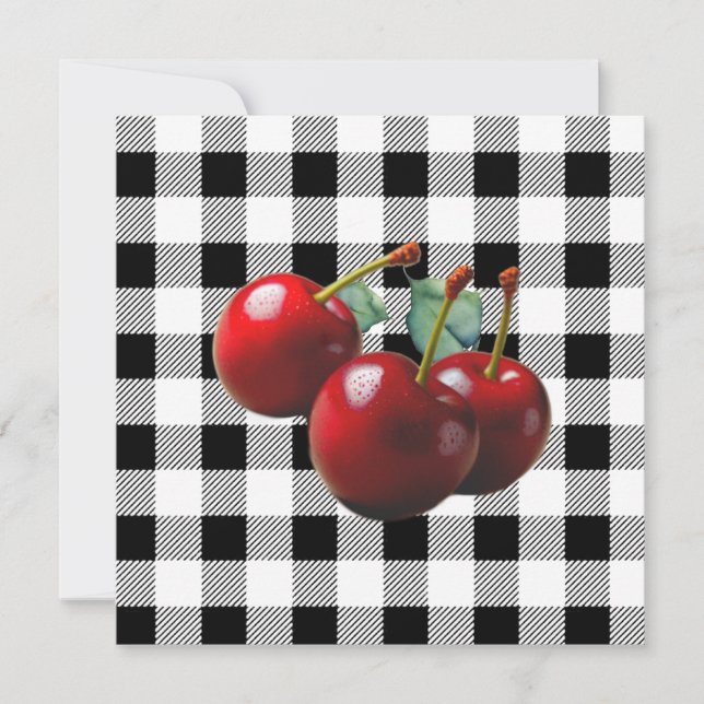 Vintage körsbär svart vit gingham inbjudningar (Framsida)